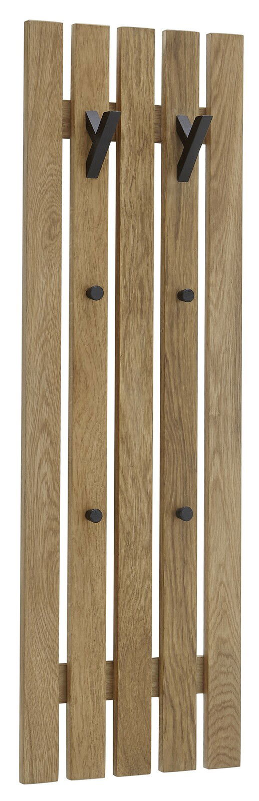 Garderobenpaneel aus Holz mit vier vertikalen Leisten und schwarzen Haken, Frontalansicht.