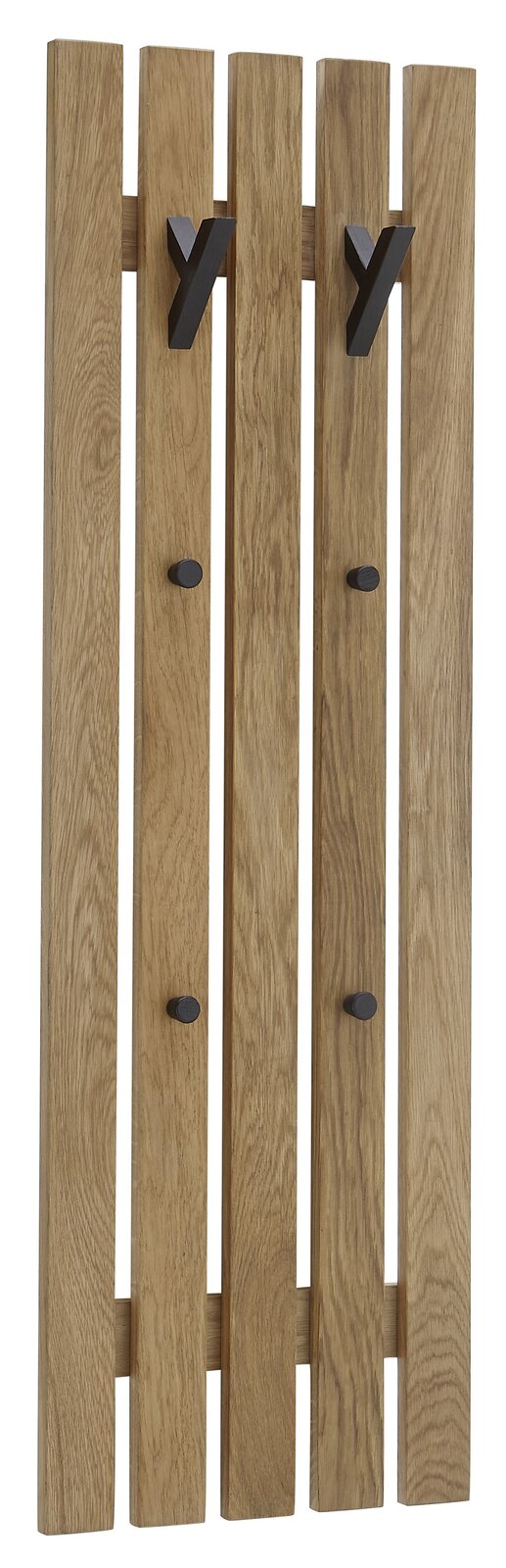 Linea Natura Garderobenpaneel BANTRY Garderobenpaneel aus Holz mit vier vertikalen Leisten und schwarzen Haken, Frontalansicht.