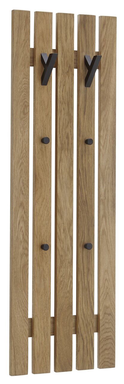 Garderobenpaneel aus Holz mit vier vertikalen Leisten und schwarzen Haken, Frontalansicht.