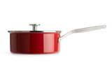 Roter Kochtopf mit Deckel und langem Griff, seitliche Perspektive