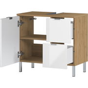 Offener Waschtischunterschrank in Holzoptik mit weißen Fronten, zwei Schubladen und einer Tür, perspektivisch von vorne links betrachtet.