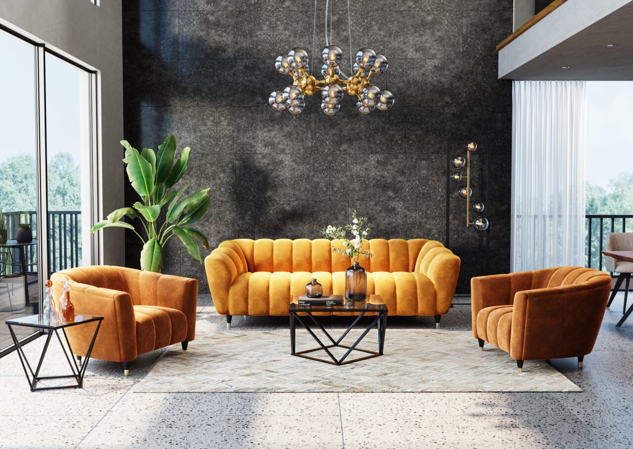 Karé Beistelltisch CRISTALLO Moderner Beistelltisch mit geometrischem Metallgestell und Glasplatte, seitliche Perspektive im eleganten Wohnzimmer.