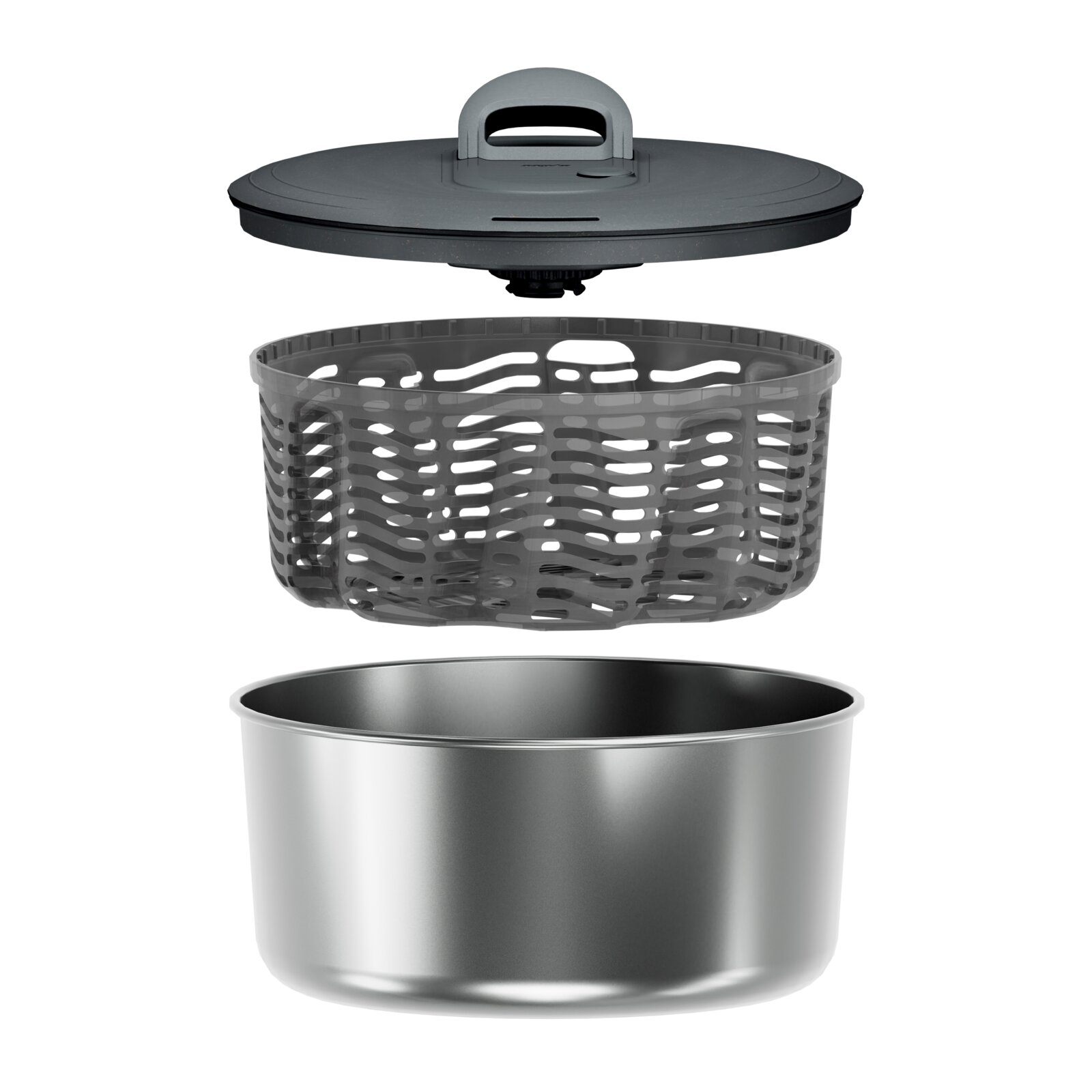 Exploded view in vooraanzicht van een metalen kookpot met geperforeerde stoommand en donker deksel met handgreep, onderdelen zwevend boven elkaar