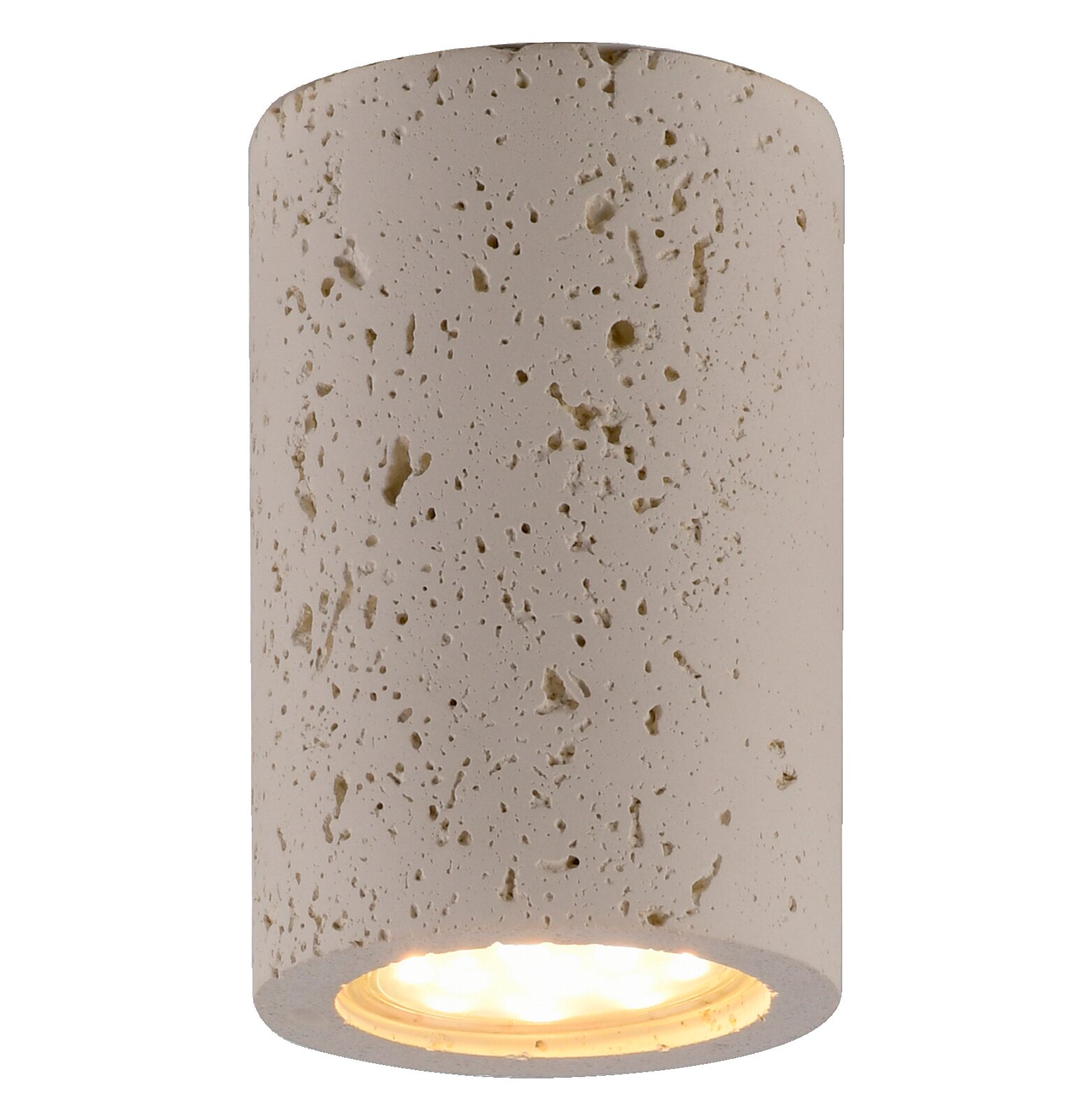 Schöner Wohnen Plafondlamp TRAVENTA Cilindrische tafellamp van lichte, poreuze steen/beton met een warm schijnende lichtbron in de voet; productfoto van voren, licht van bovenaf gefotografeerd tegen een grijze achtergrond