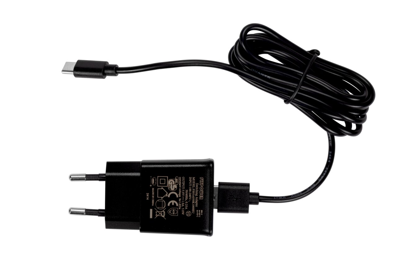 Zwarte USB-C-oplader met kabel, bovenaanzicht