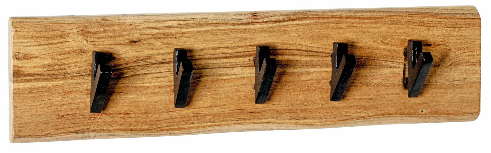 Linea Natura Wandgarderobe RIVERA Wandgarderobe aus Holz mit fünf schwarzen Haken, frontal betrachtet.