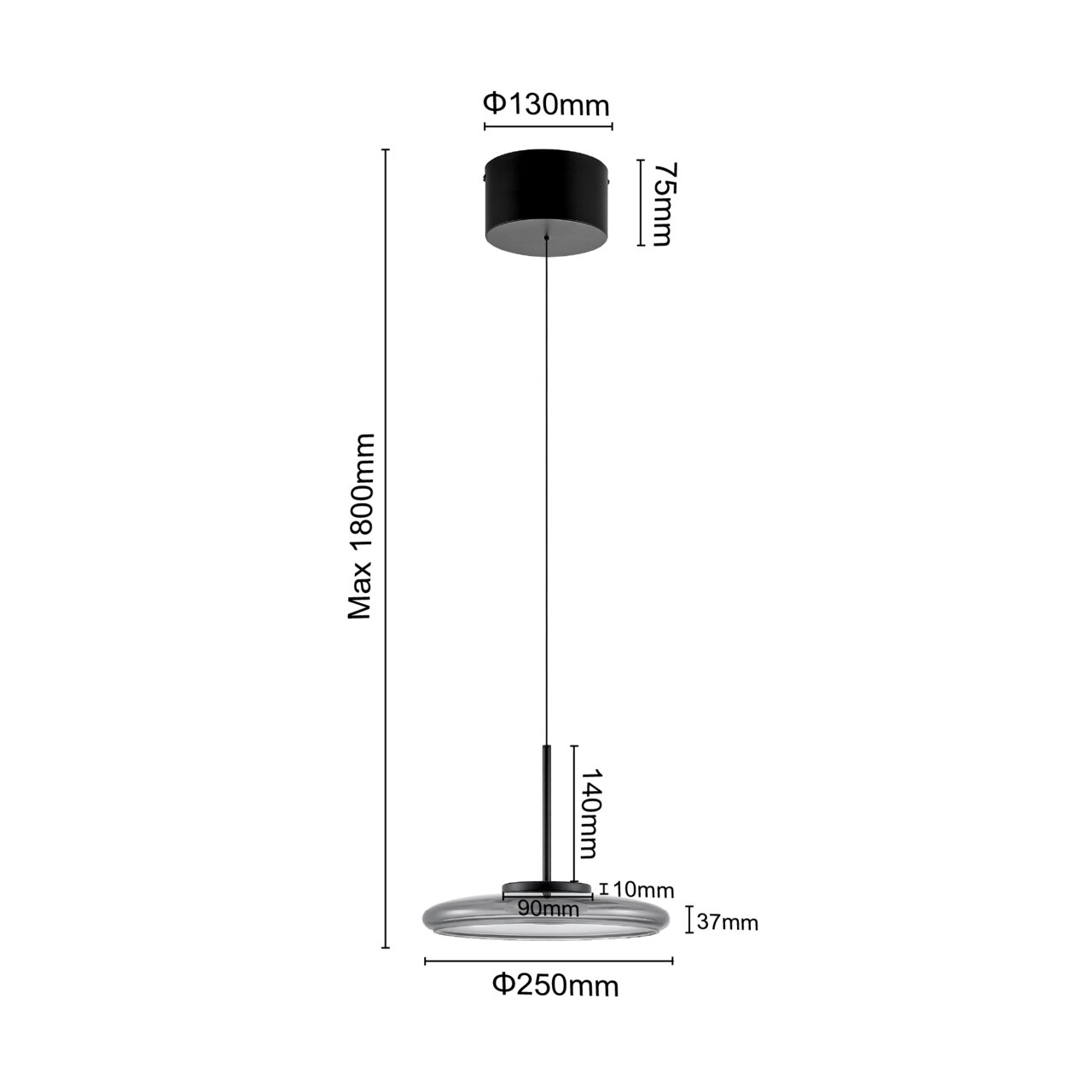LED-Hängeleuchte mit schwarzem Gehäuse, von der Seite betrachtet, mit Maßen: Maximalhöhe 1800mm, Deckenbefestigung Durchmesser 130mm, Leuchtenkörper Durchmesser 250mm.