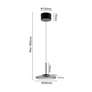 LED-Hängeleuchte mit schwarzem Gehäuse, von der Seite betrachtet, mit Maßen: Maximalhöhe 1800mm, Deckenbefestigung Durchmesser 130mm, Leuchtenkörper Durchmesser 250mm.