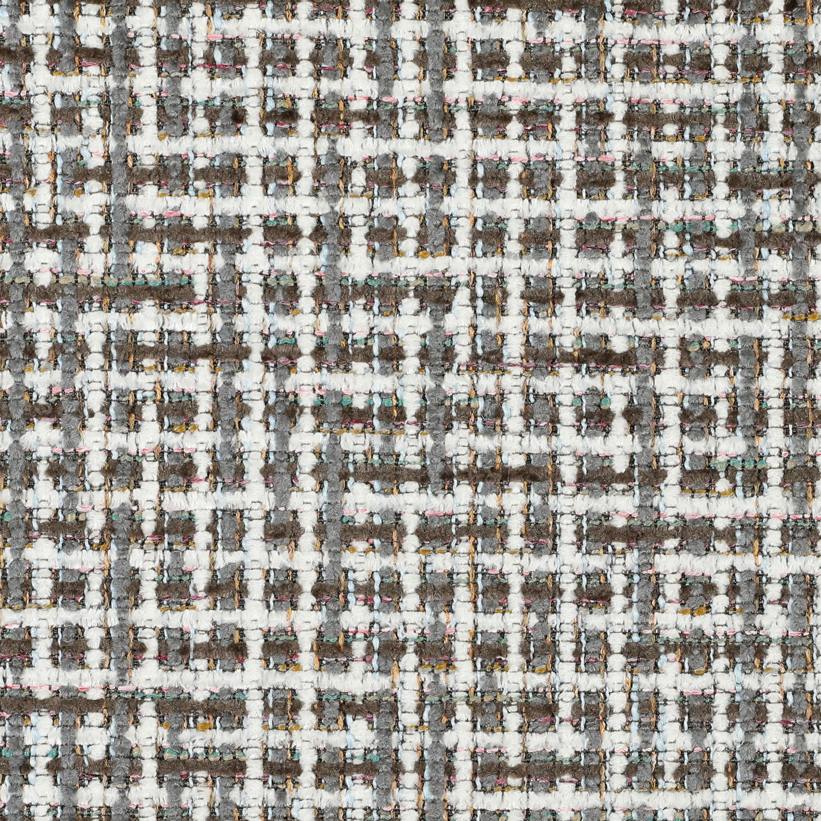 Nahaufnahme eines strukturierten Stoffmusters in einem geometrischen Design mit weißen, grauen und bunten Fäden.