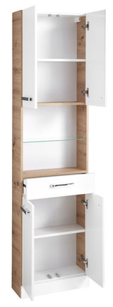 Hochschrank mit weißer Front und Holzelementen, offene Türen und Schublade, seitliche Perspektive