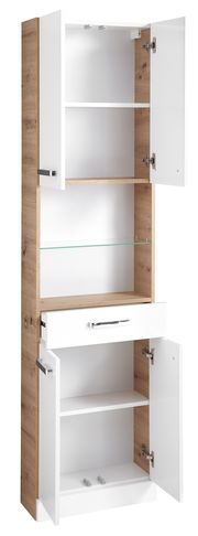 Hochschrank mit weißer Front und Holzelementen, offene Türen und Schublade, seitliche Perspektive