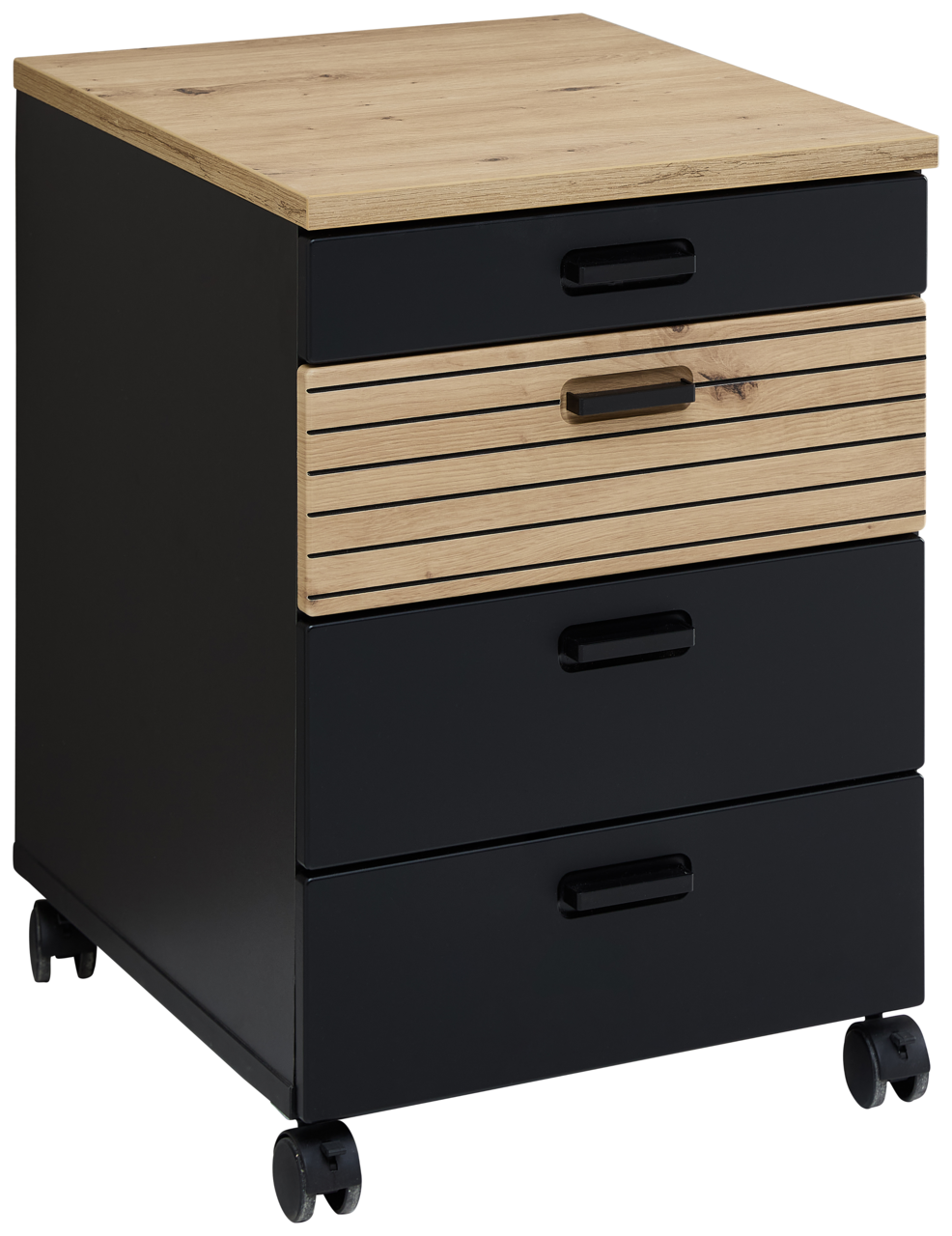Voleo Rollcontainer GLENN Moderner Rollcontainer mit schwarzem Korpus und Holzoberfläche, seitliche Perspektive