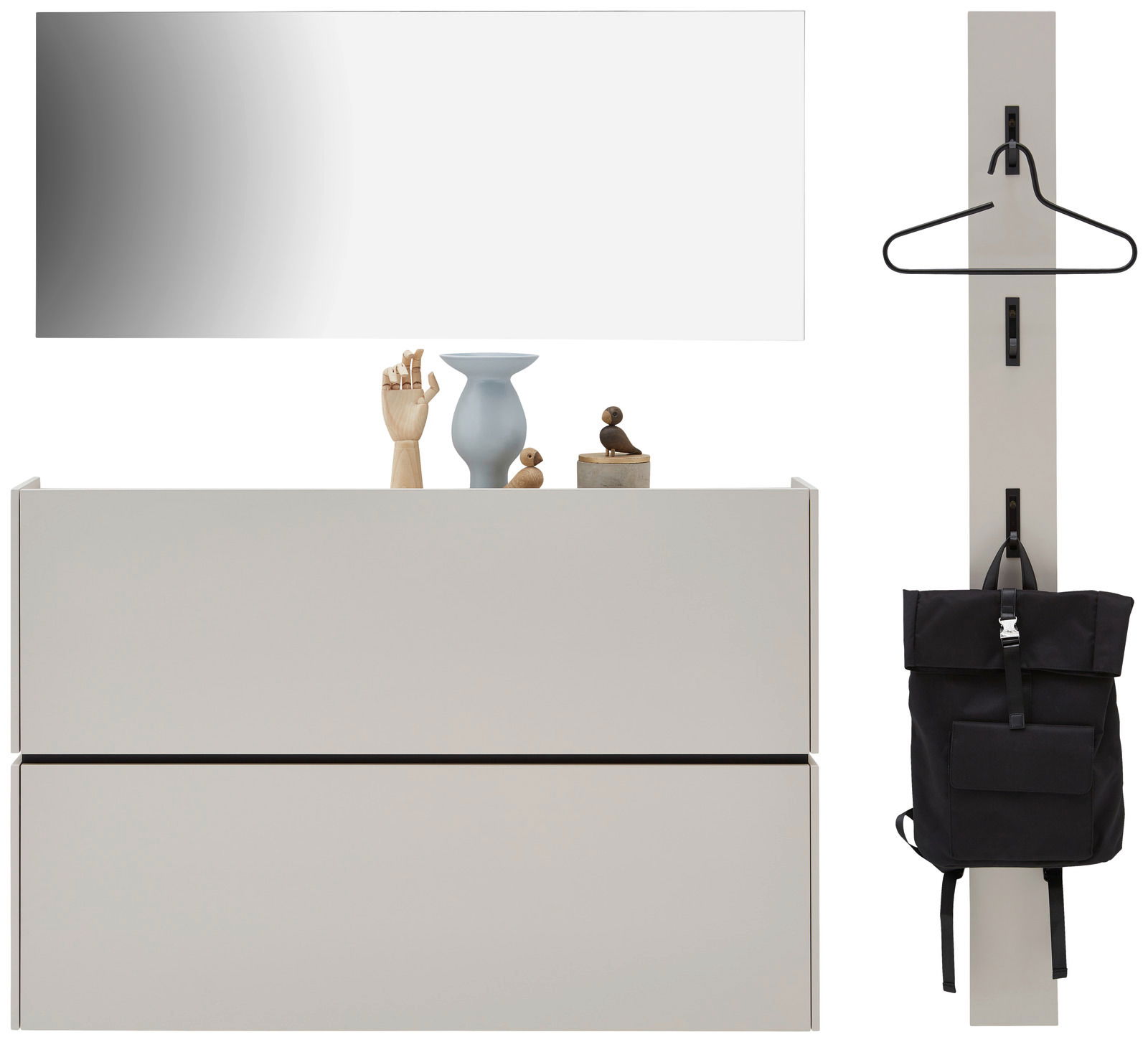 Voleo Garderoben-Set 2 UNIQUE Garderoben-Set in Kaschmir mit Spiegel, zwei Schubladen und Hakenleiste, frontal betrachtet.