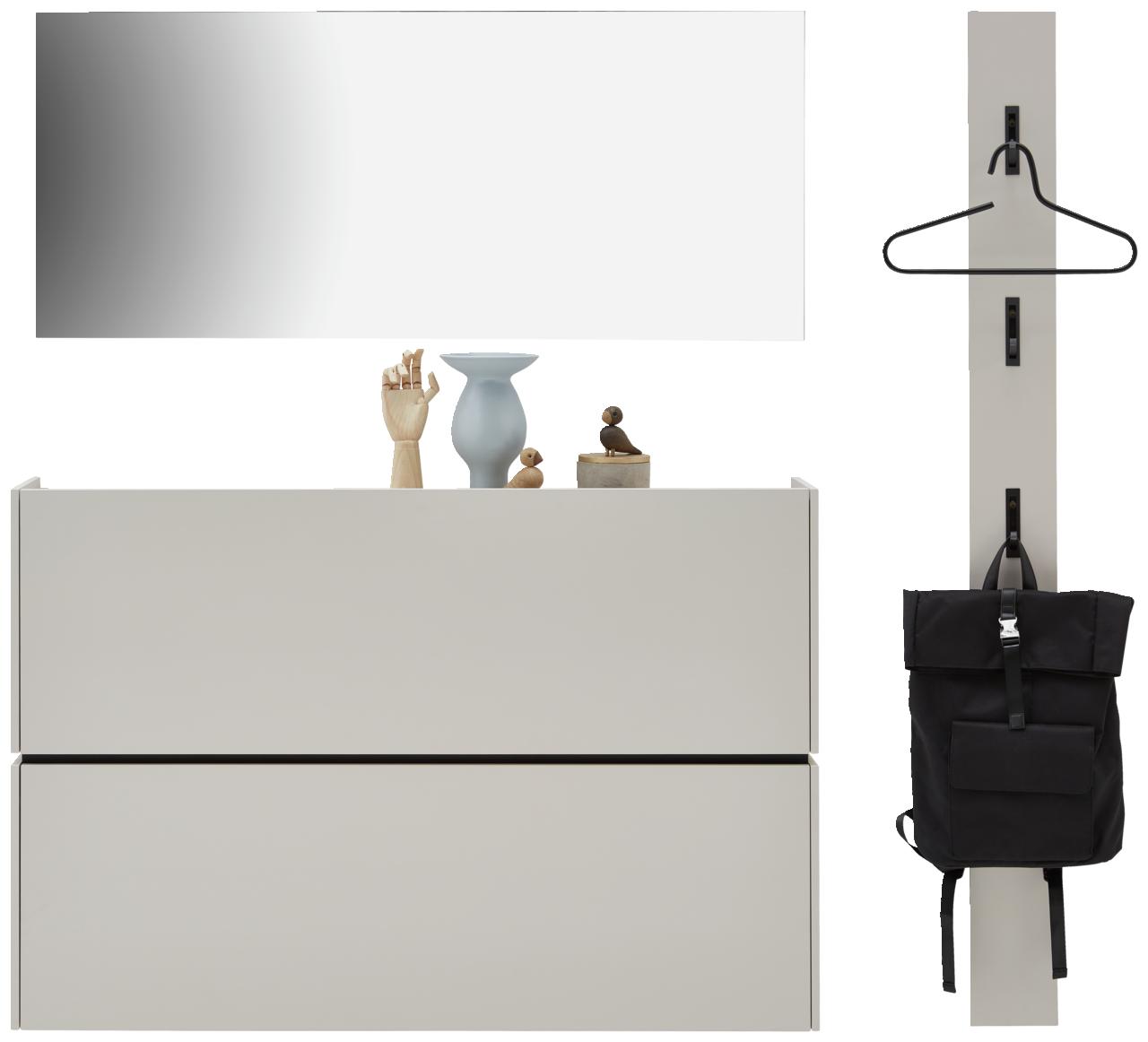 Voleo Garderoben-Set 2 UNIQUE Garderoben-Set in Kaschmir mit Spiegel, zwei Schubladen und Hakenleiste, frontal betrachtet.