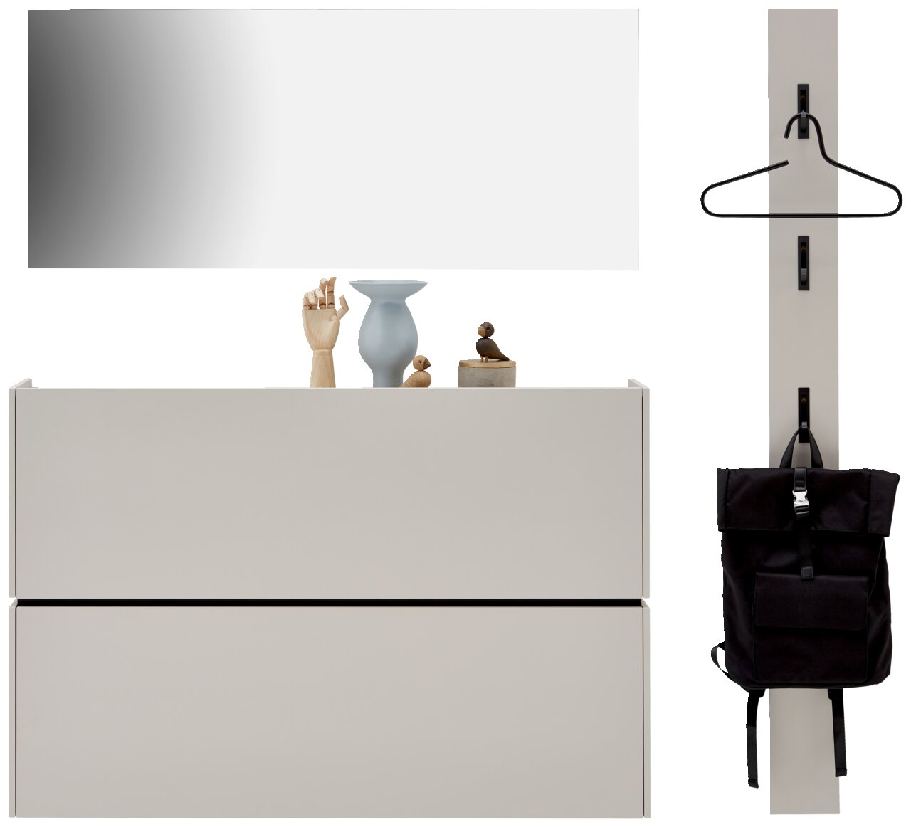 Voleo Garderoben-Set 2 UNIQUE Garderoben-Set in Kaschmir mit Spiegel, zwei Schubladen und Hakenleiste, frontal betrachtet.
