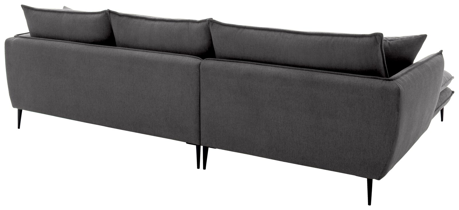 Dunkelgraues, modernes 2-Sitzer-Sofa mit Stoffbezug, hohen Rückenkissen und schlanken schwarzen Metallfüßen, Ansicht schräg von hinten