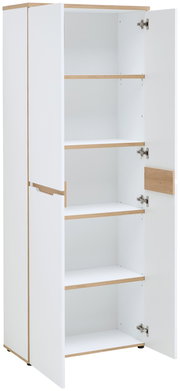 Weißer Aktenschrank mit offenen Türen und mehreren Regalböden, seitliche Perspektive