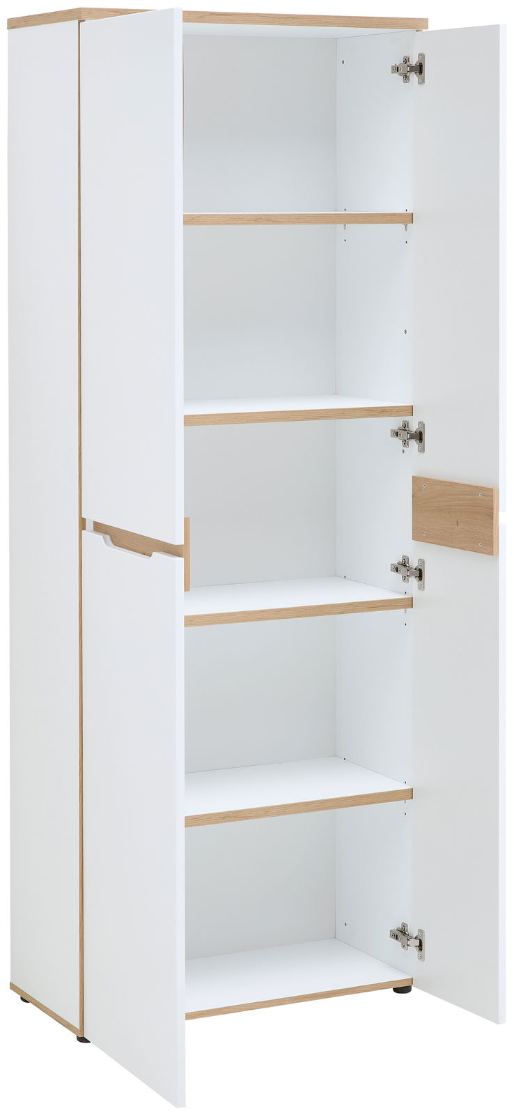 Weißer Aktenschrank mit offenen Türen und mehreren Regalböden, seitliche Perspektive