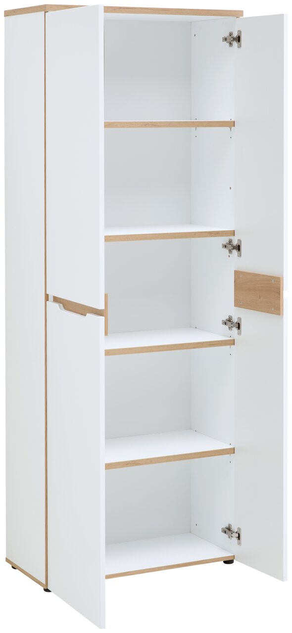 Weißer Aktenschrank mit offenen Türen und mehreren Regalböden, seitliche Perspektive