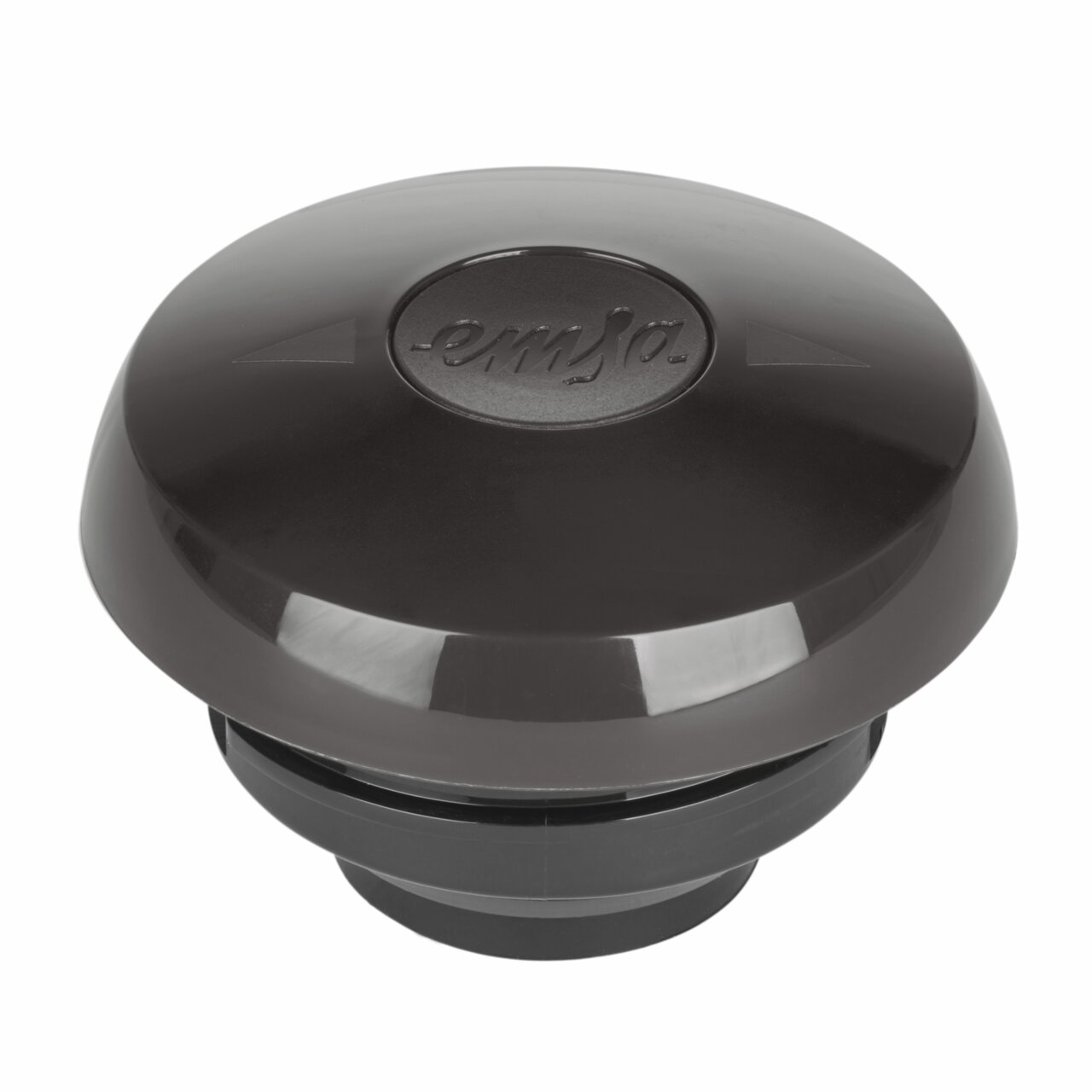 Schwarzer Deckel einer Isolierkanne von oben betrachtet, mit dem Logo 'emsa' in der Mitte.