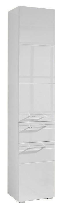 Weißer Hochschrank mit mehreren Schubladen, seitliche Perspektive