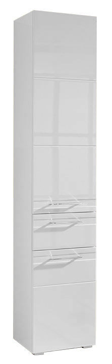 Weißer Hochschrank mit mehreren Schubladen, seitliche Perspektive