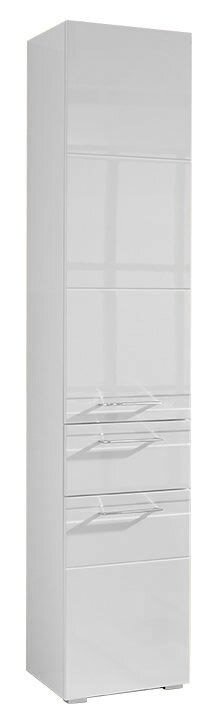 Weißer Hochschrank mit mehreren Schubladen, seitliche Perspektive