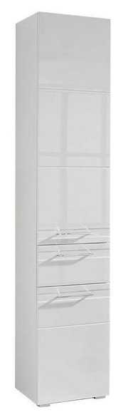 Weißer Hochschrank mit mehreren Schubladen, seitliche Perspektive
