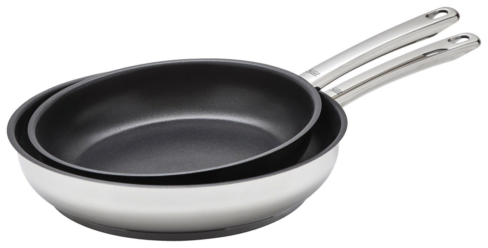Zweiteiliges Pfannenset Calabria aus Edelstahl mit Antihaftbeschichtung, seitliche Perspektive