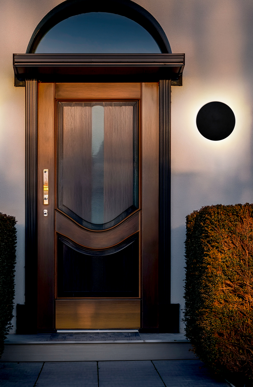 Moderne LED-Außenwandleuchte an einer Hauswand neben einer eleganten Holztür, seitliche Perspektive.