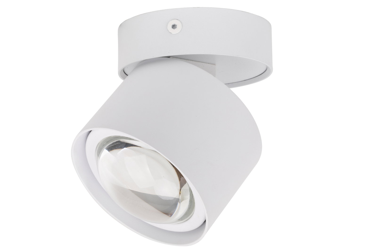Weißer LED-Spotkopf in seitlicher Perspektive mit sichtbarer Linse.