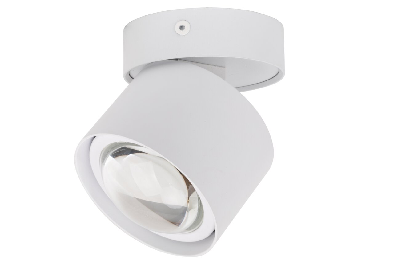 Witte led-spotkop in zijaanzicht met zichtbare lens.