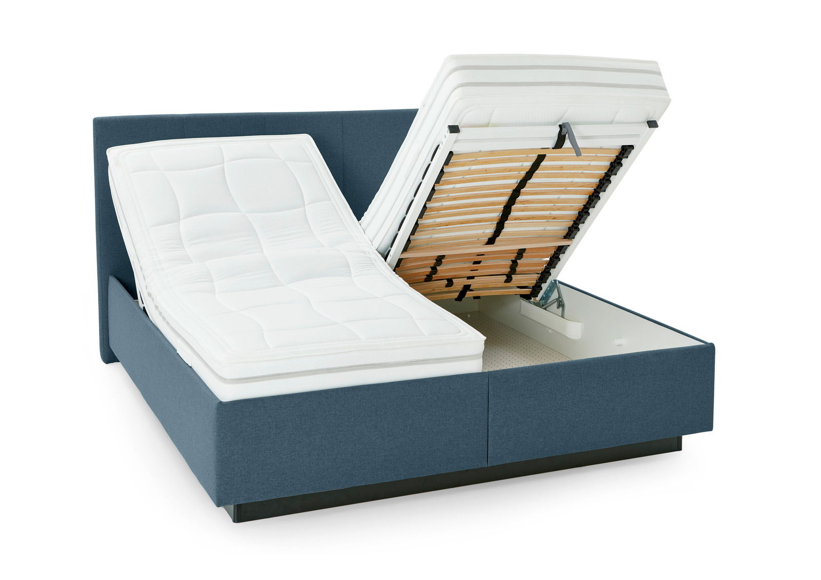 Polsterbett mit hochgeklappter Matratze und Lattenrost, seitliche Perspektive