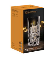 Nachtmann Vase/Windlicht NOBLESSE in eleganter Verpackung, frontal abgebildet mit leuchtendem Kerzenlicht im Inneren.