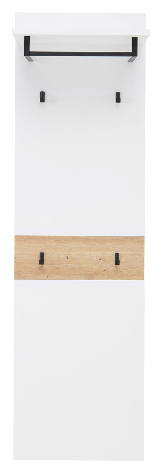 XORA Garderobenpaneel lang MEMPHIS Frontale Ansicht eines langen Garderobenpaneels mit weißer Oberfläche, schwarzer Kleiderstange und hölzernem Akzent mit Haken.