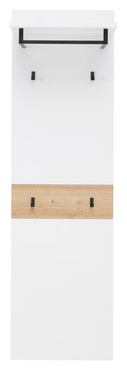 Frontale Ansicht eines langen Garderobenpaneels mit weißer Oberfläche, schwarzer Kleiderstange und hölzernem Akzent mit Haken.