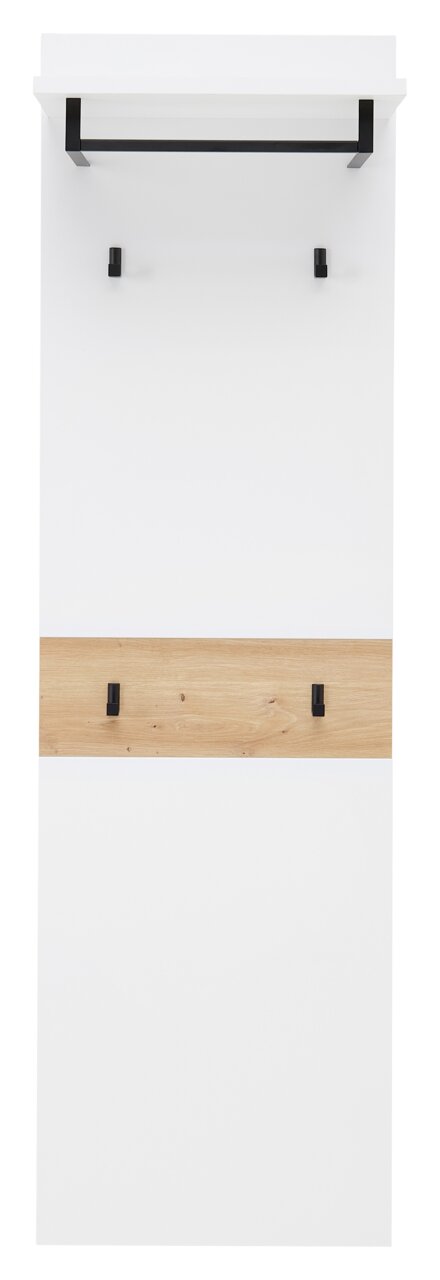 Frontale Ansicht eines langen Garderobenpaneels mit weißer Oberfläche, schwarzer Kleiderstange und hölzernem Akzent mit Haken.