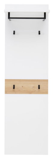 Frontale Ansicht eines langen Garderobenpaneels mit weißer Oberfläche, schwarzer Kleiderstange und hölzernem Akzent mit Haken.