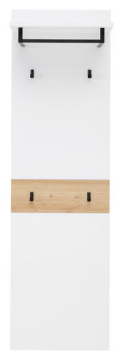 Vooraanzicht van een lang garderobepaneel met een wit oppervlak, een zwarte kledingstang en een houten accent met haken.