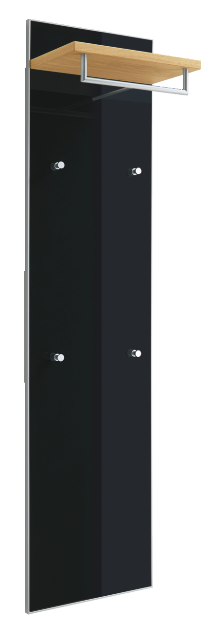 Modernes Garderobenpaneel mit schwarzer Oberfläche, vier Haken und einem Holzregal, seitliche Perspektive.