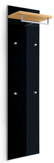 Modernes Garderobenpaneel mit schwarzer Oberfläche, vier Haken und einem Holzregal, seitliche Perspektive.