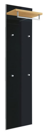 Modernes Garderobenpaneel mit schwarzer Oberfläche, vier Haken und einem Holzregal, seitliche Perspektive.