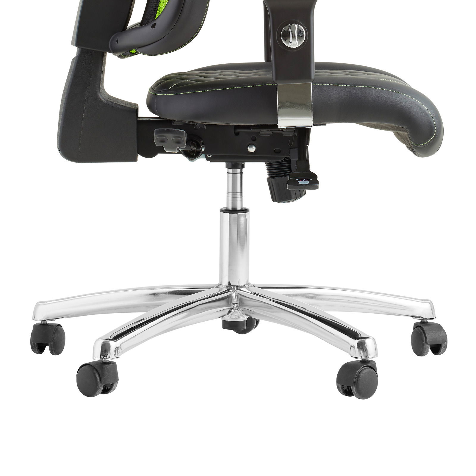 Seitenansicht eines Gaming Stuhls mit verstellbarer Sitzhöhe und stabiler Metallbasis auf Rollen.