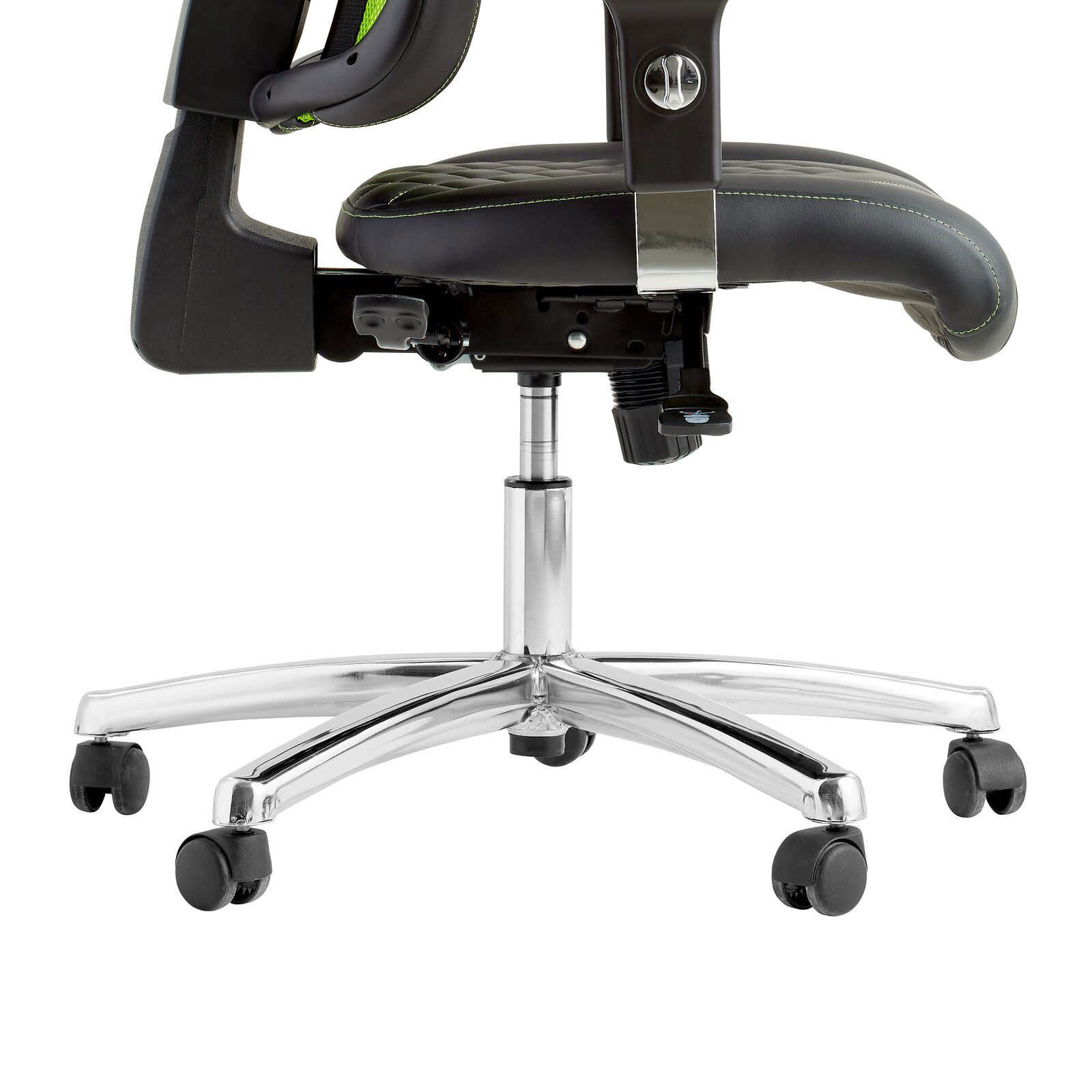 Seitenansicht eines Gaming Stuhls mit verstellbarer Sitzhöhe und stabiler Metallbasis auf Rollen.