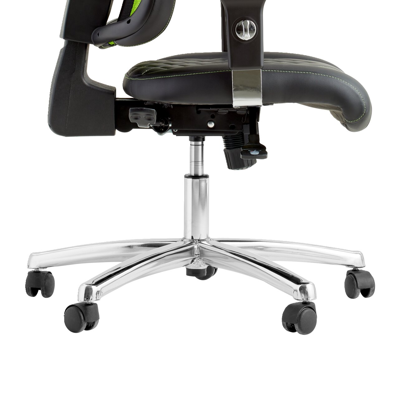 Seitenansicht eines Gaming Stuhls mit verstellbarer Sitzhöhe und stabiler Metallbasis auf Rollen.