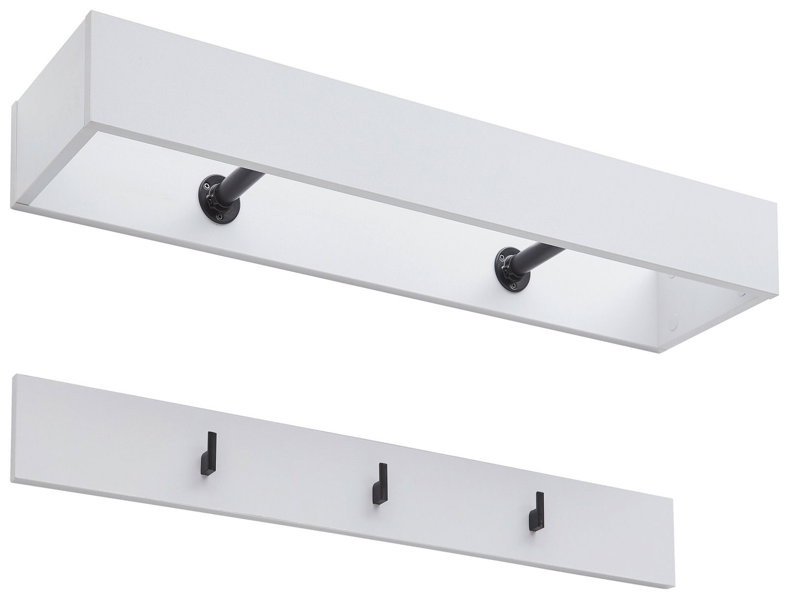 Garderobenpaneel-Set in Weiß mit drei schwarzen Haken und einer oberen Ablage, seitliche Perspektive