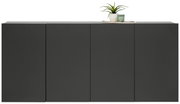 Vooraanzicht van een modern, zwart hangend dressoir met vier deuren, versierd met een plant en een glas op het blad.