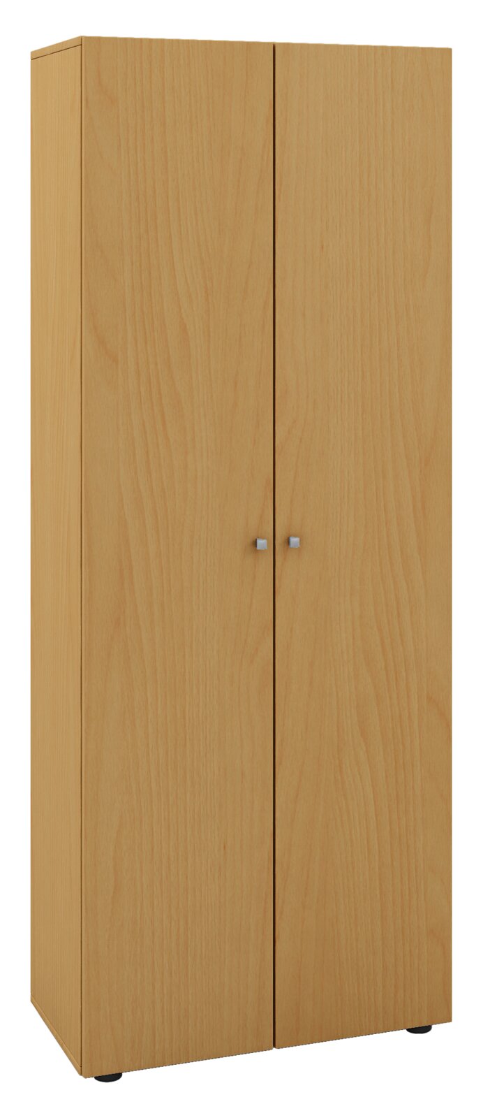 VCM Mehrzweckschrank VANDOL Zweitüriger Kleiderschrank aus hellem Holzdekor mit zwei kleinen silbernen Griffen, freigestellt auf weißem Hintergrund, Frontansicht mit leicht sichtbarer linker Seitenkante (schräger Winkel)