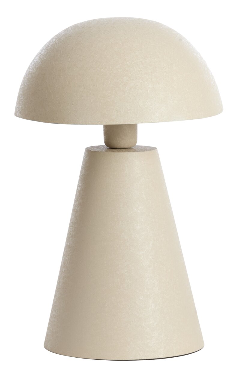 Beige Tischleuchte mit modernem, konischem Design, seitliche Perspektive