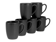 Sechser-Set dunkelgrauer Keramik-Kaffeebecher mit geriffelter Struktur und Henkel, schräg von vorne in leicht erhöhter Perspektive fotografiert